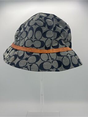 Coach Classic Signature Logo Bucket Hat -  Navy with Tan Leather Trim - Size P/S